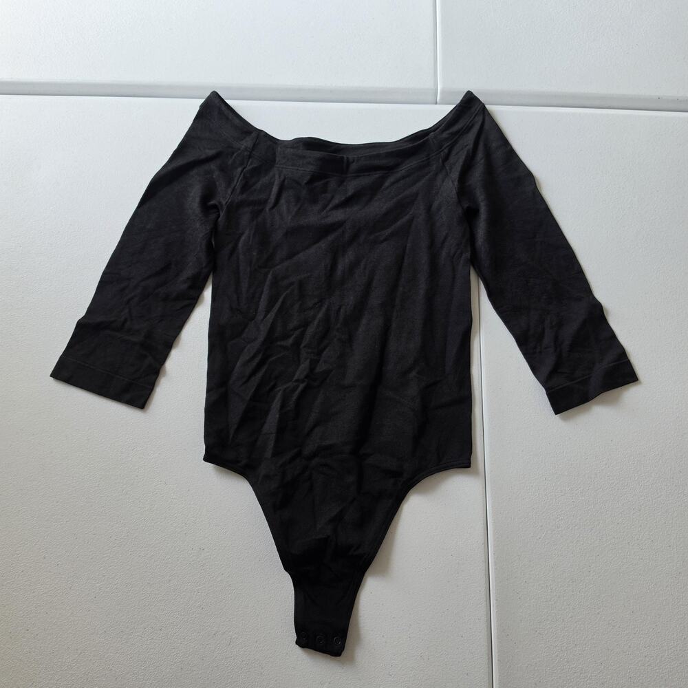 Wolford Bodysuit Womens XS Black Off Shoulder 3/4 Sleeve Thong Opaque Naturel